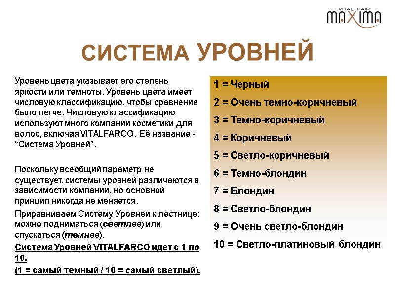 СИСТЕМА УРОВНЕЙ Уровень цвета указывает его степень яркости или темноты. Уровень цвета имеет числовую